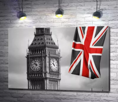 Красные цвета на британском флаге рядом с башней Биг Беном (Big Ben)