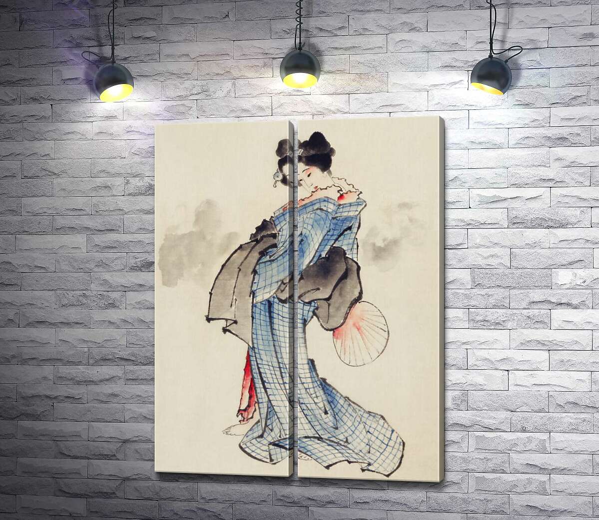 модульная картина Японская гейша в голубом кимоно