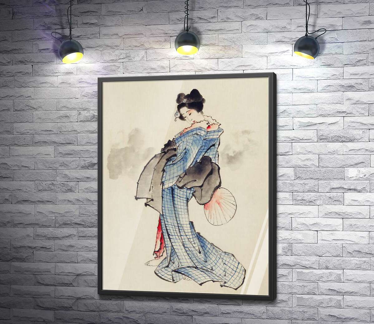 постер Японская гейша в голубом кимоно