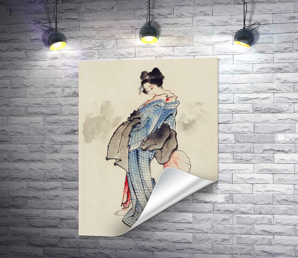 печать Японская гейша в голубом кимоно