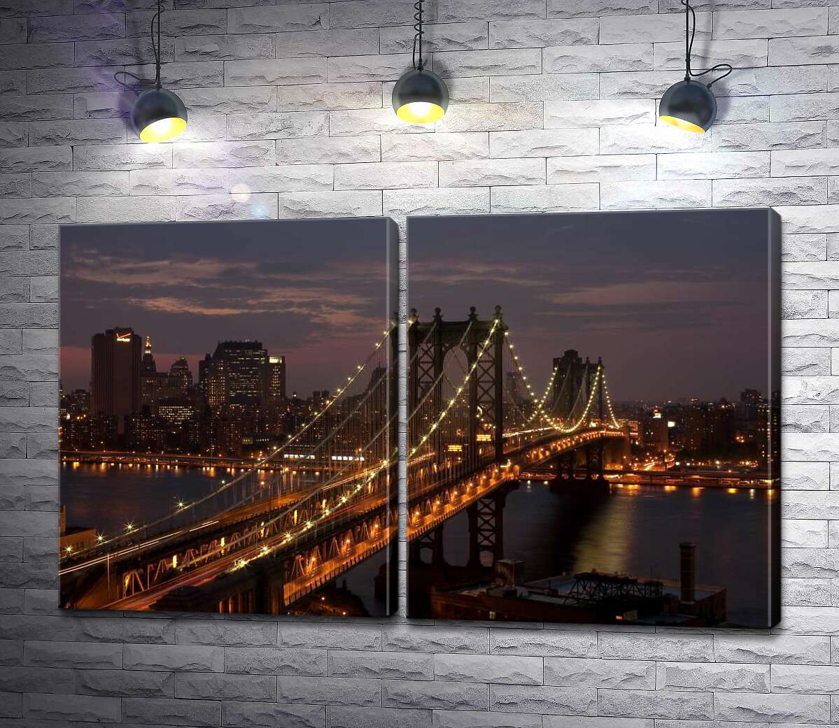 модульная картина Огни Бруклинского моста (The Brooklyn Bridge) освещают ночную дорогу