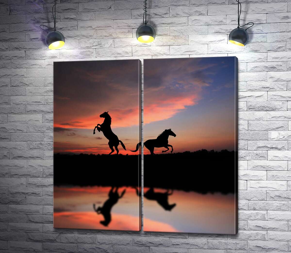 модульная картина Силуэты благородных коней и нежный закат