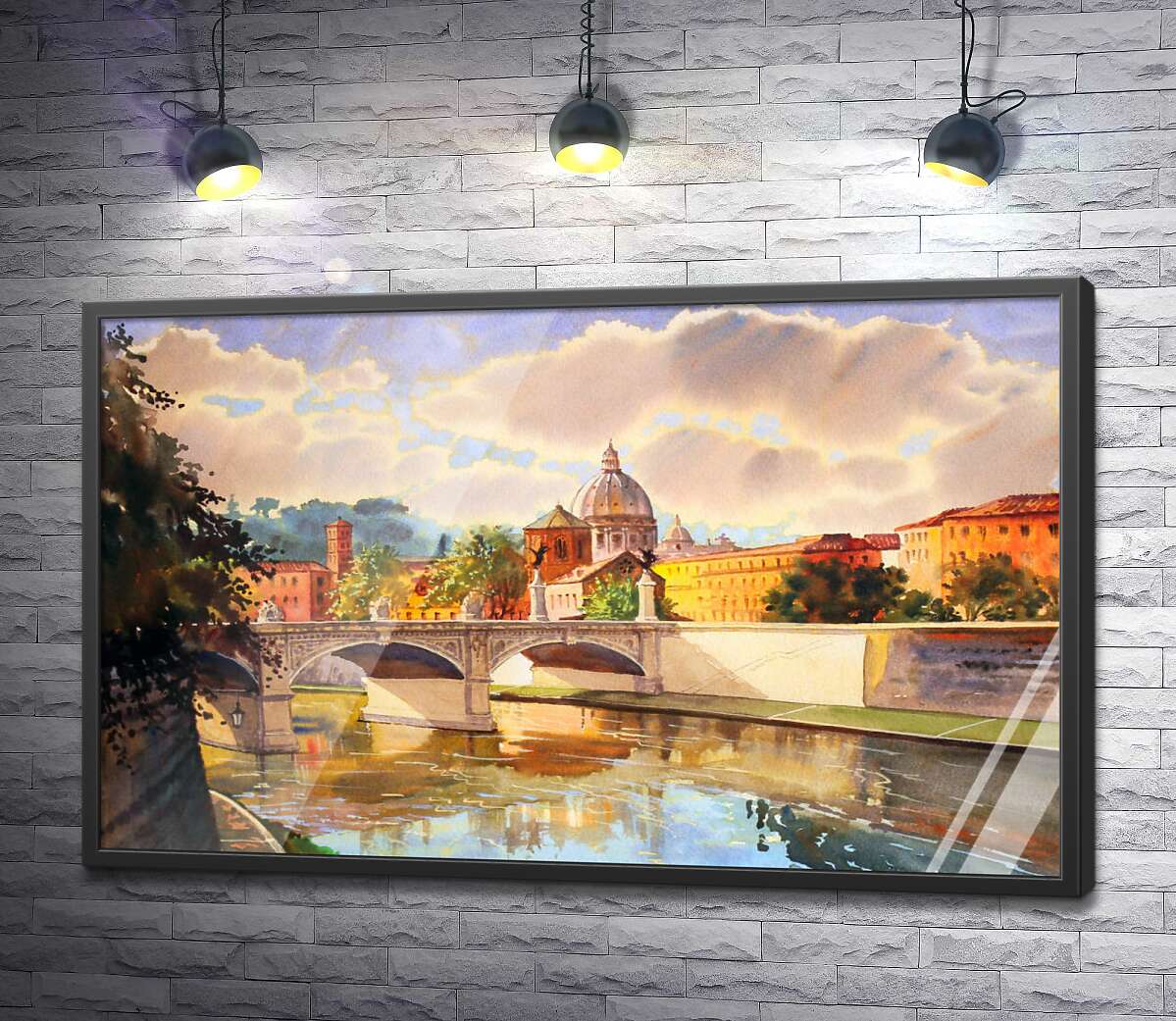 постер Белоснежный мост святого Ангела (St. Angelo Bridge) над речкой Тибр