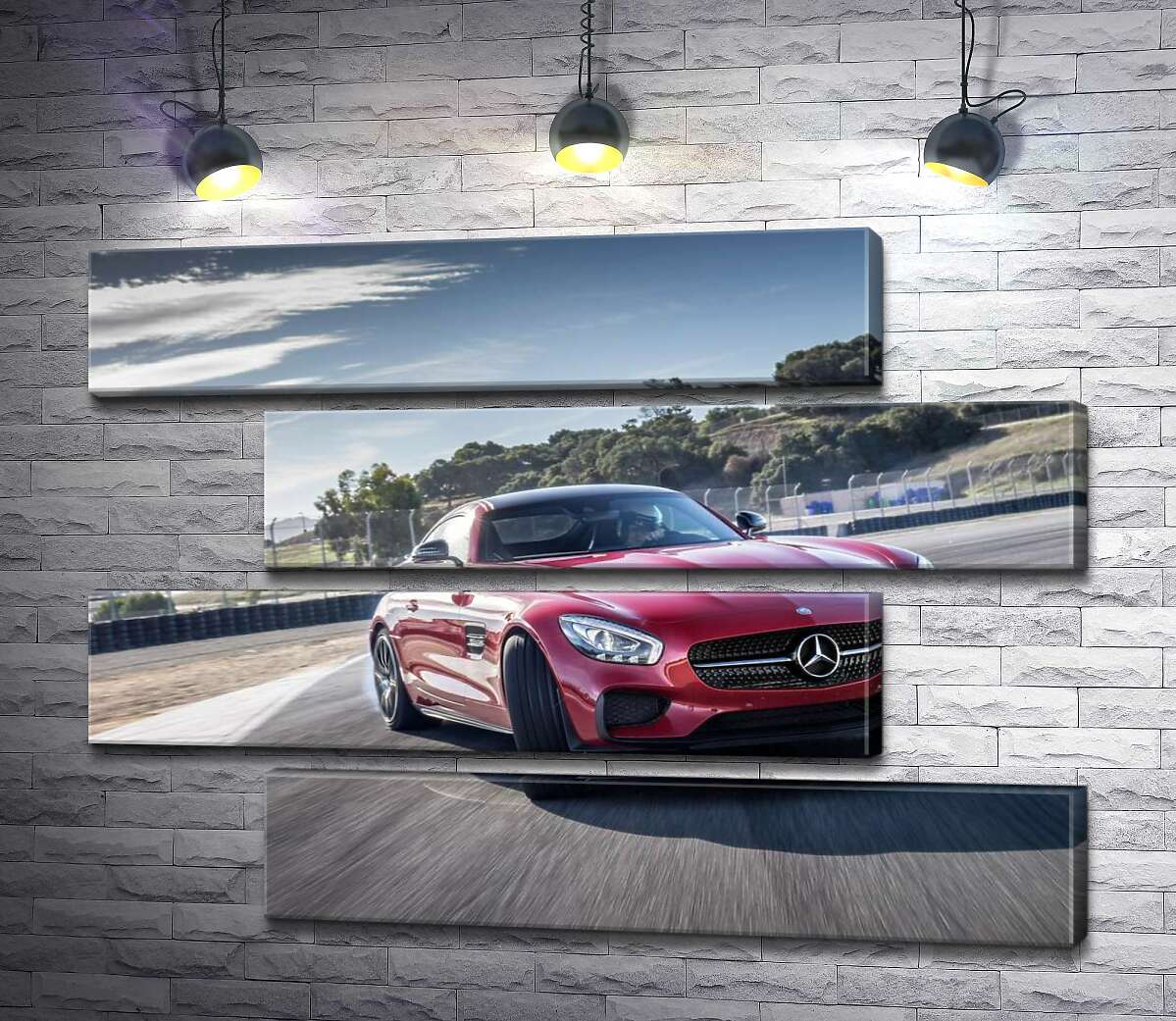 модульная картина Красный автомобиль Мерседес (Mercedes) покоряет гоночную трассу (Модуль №23)
