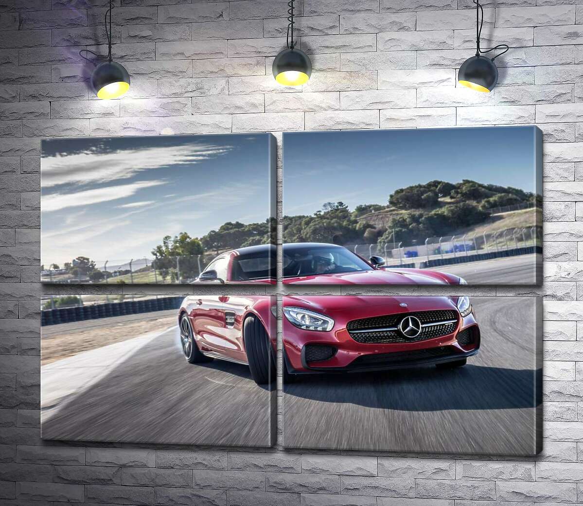 модульна картина Червоний автомобіль Мерседес (Mercedes) підкорює гоночну трасу (Модуль №25)