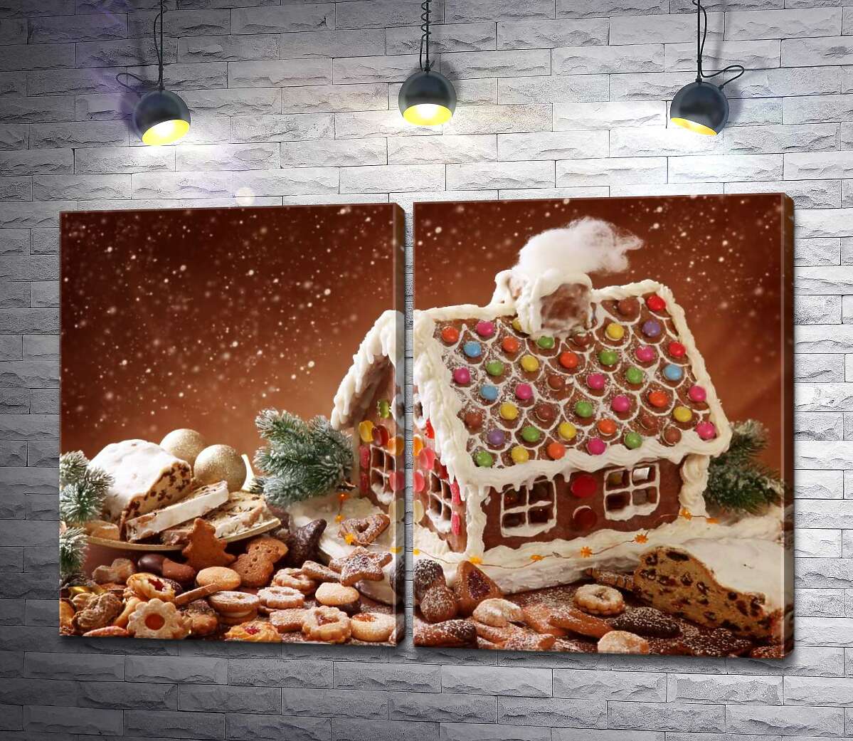 модульная картина Пряничный домик с глазурью в окружении праздничного печенья