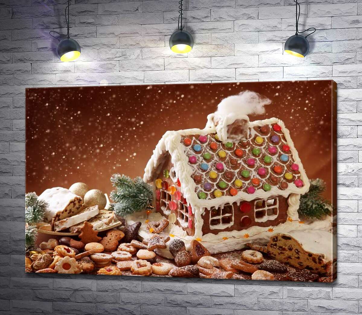 картина Пряничный домик с глазурью в окружении праздничного печенья