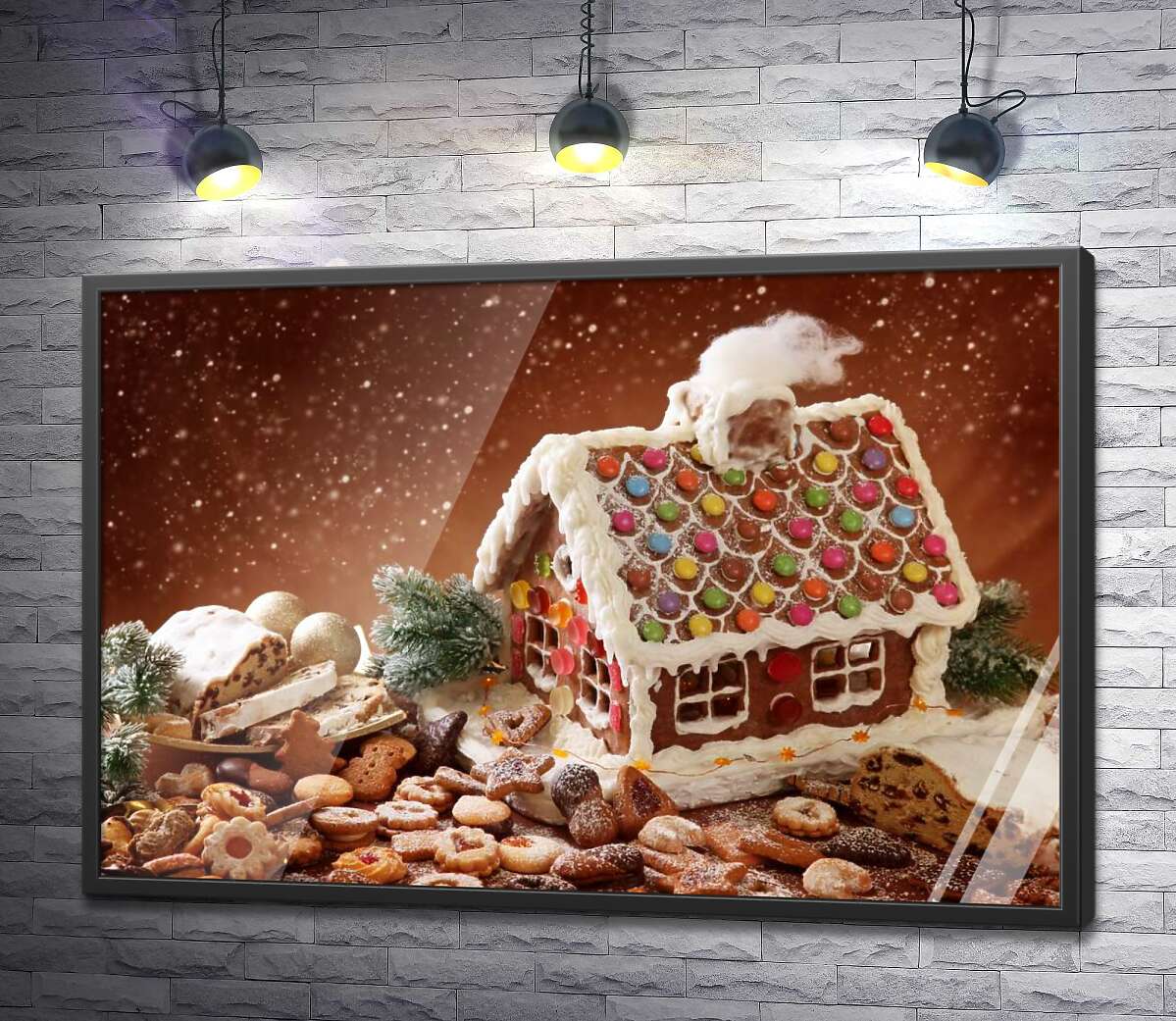 постер Пряничный домик с глазурью в окружении праздничного печенья