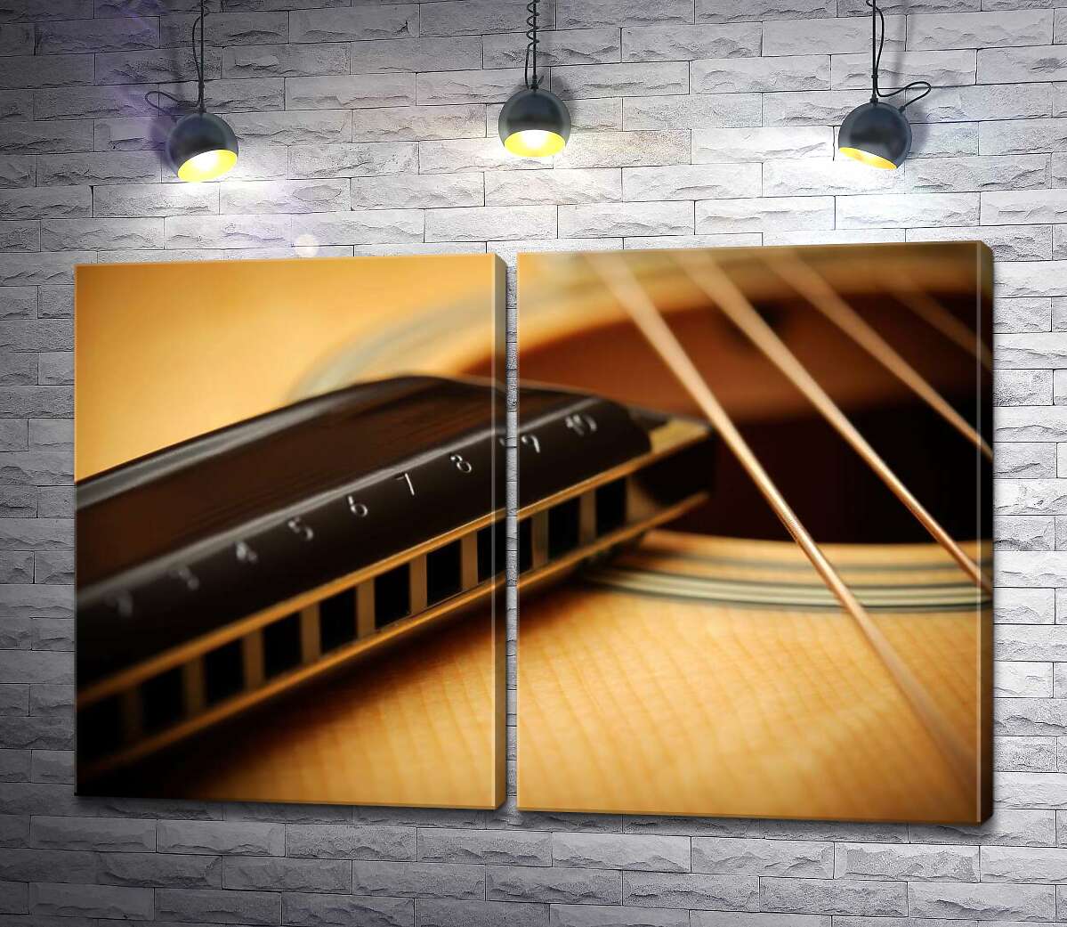 модульная картина Изящные гитарные струны в сопровождении губной гармоники
