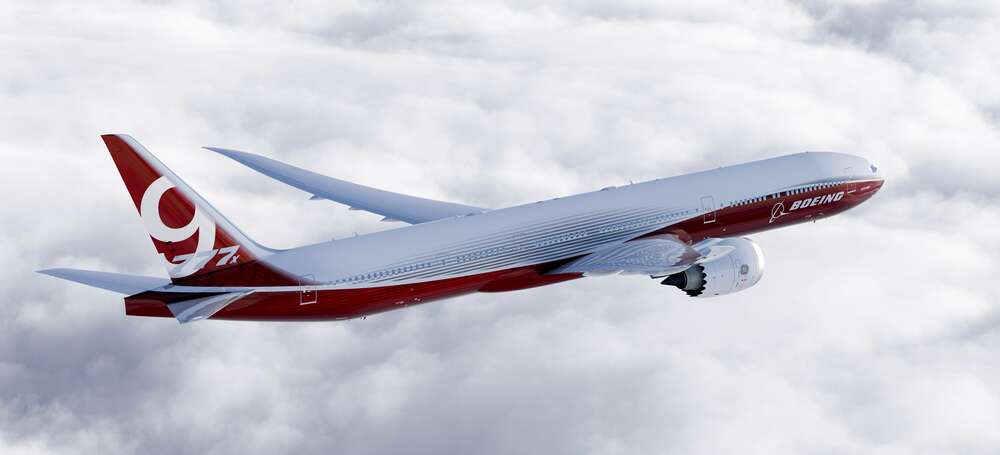 картина-постер Самолет Боинг (Boeing) уверенно разрезает облачное пространство