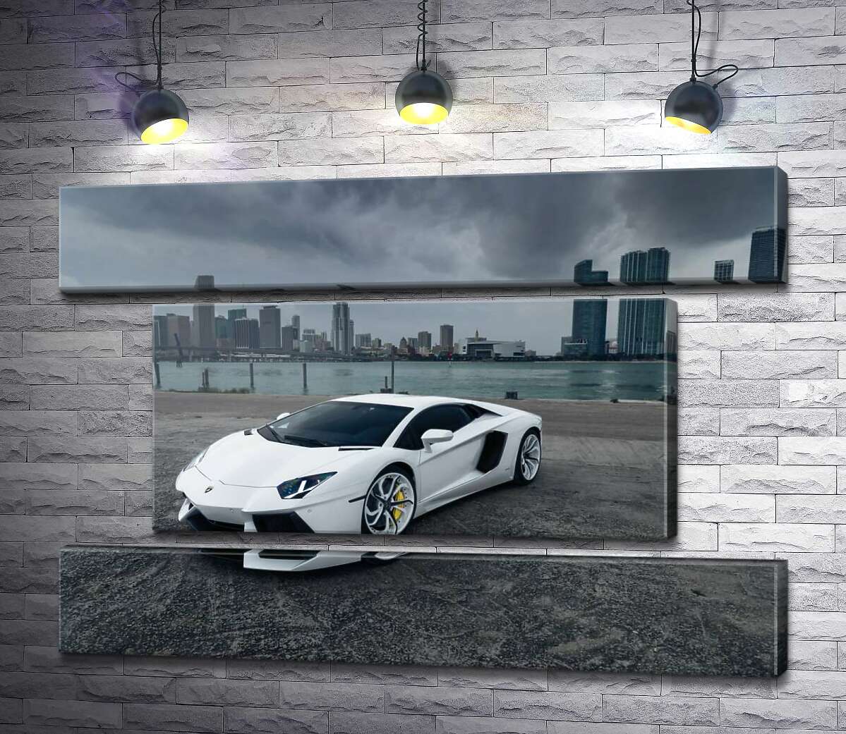 модульна картина Білосніжний автомобіль Ламборгіні (Lamborghini) на фоні передгрозового мегаполісу (Модуль №18)