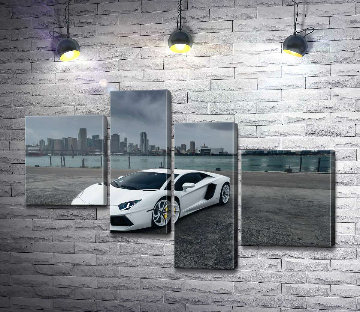модульная картина Белоснежный автомобиль Ламборгини (Lamborghini) на фоне предгрозового мегаполиса (Модуль №21)