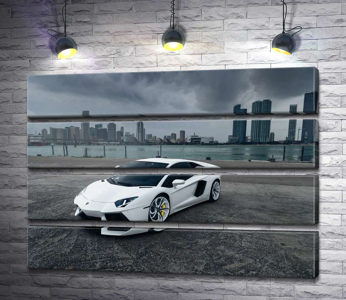 модульна картина Білосніжний автомобіль Ламборгіні (Lamborghini) на фоні передгрозового мегаполісу (Модуль №22)