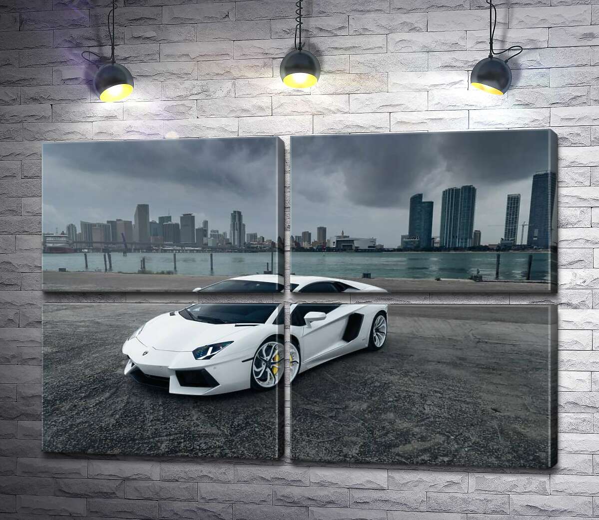 модульная картина Белоснежный автомобиль Ламборгини (Lamborghini) на фоне предгрозового мегаполиса (Модуль №25)