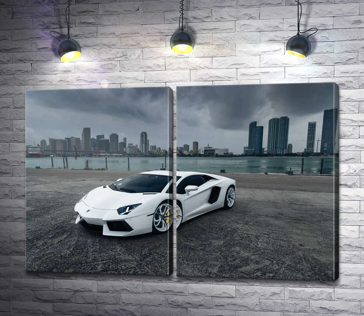 модульная картина Белоснежный автомобиль Ламборгини (Lamborghini) на фоне предгрозового мегаполиса
