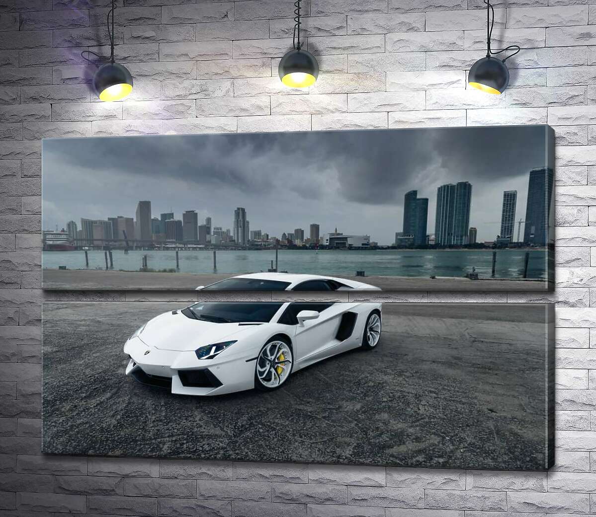 модульная картина Белоснежный автомобиль Ламборгини (Lamborghini) на фоне предгрозового мегаполиса (Модуль №7)