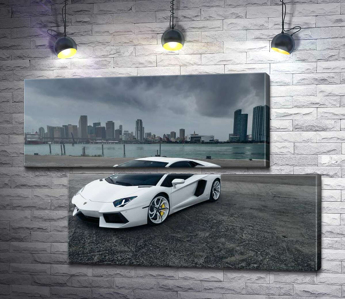 модульная картина Белоснежный автомобиль Ламборгини (Lamborghini) на фоне предгрозового мегаполиса (Модуль №8)
