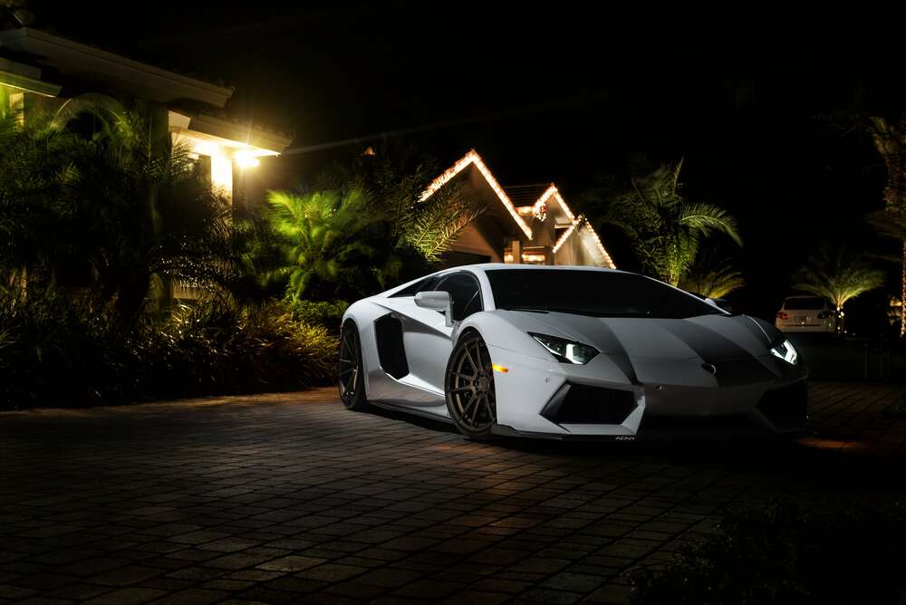 картина-постер Розкіш автомобіля Ламборгіні (Lamborghini) посеред тропічної вілли