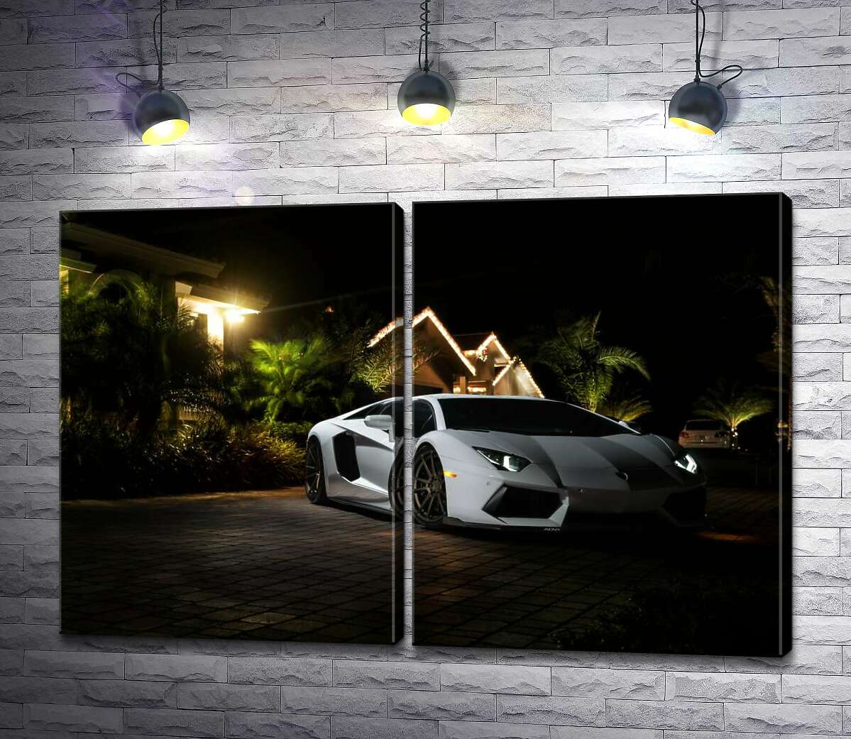 модульная картина Роскошь автомобиля Ламборгини (Lamborghini) среди тропической виллы