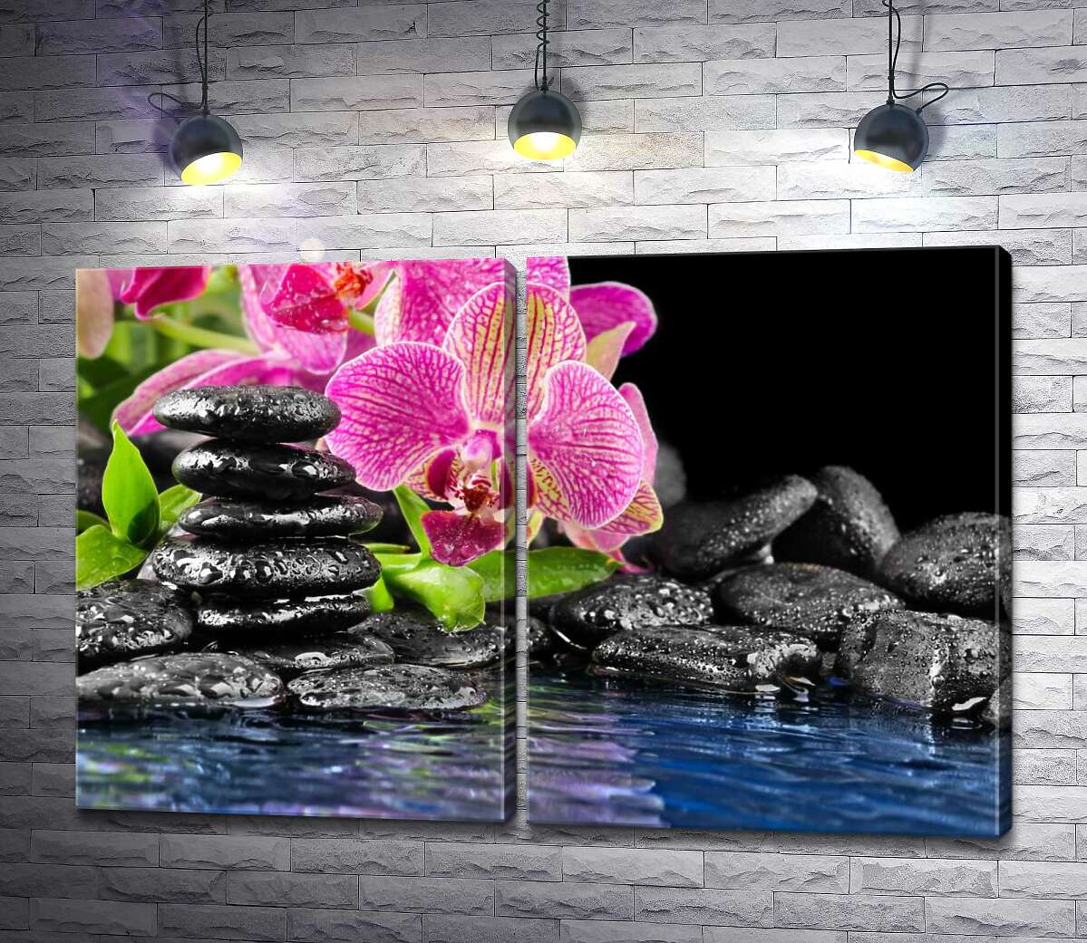 модульная картина Темно-розовые орхидеи среди прозрачной водной глади и угольно-черных камней