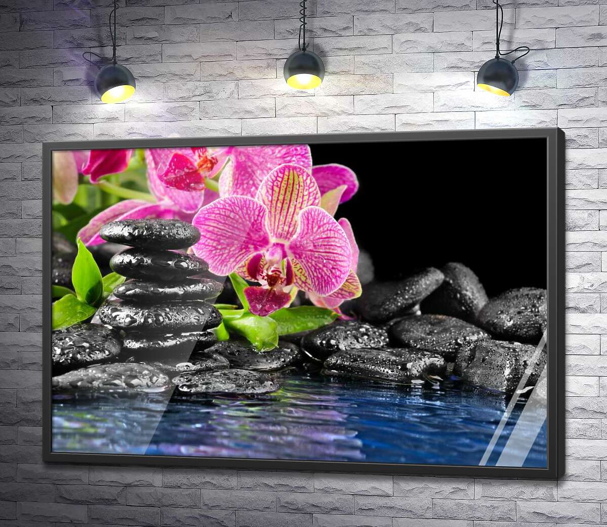 постер Темно-розовые орхидеи среди прозрачной водной глади и угольно-черных камней