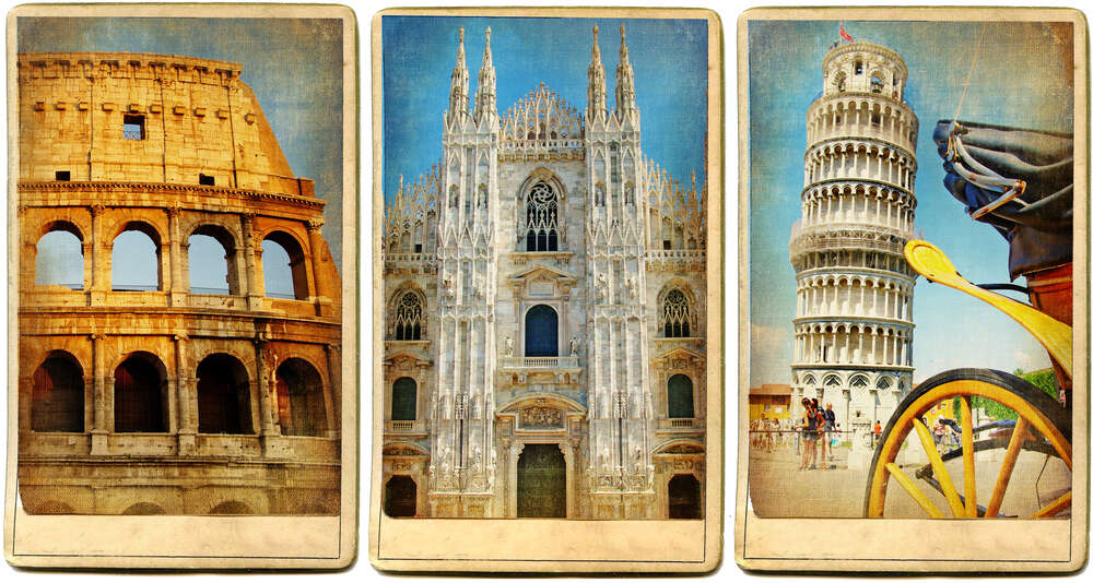 картина-постер Архітектурне тріо Італії: амфітеатр, собор та вежа