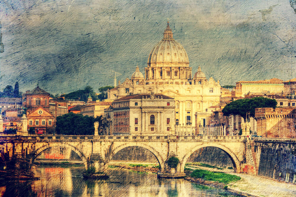 картина-постер Вид на грандиозный собор Святого Петра (St. Peters Cathedral) с изящного моста Святого Ангела (St. Angelo Bridge)