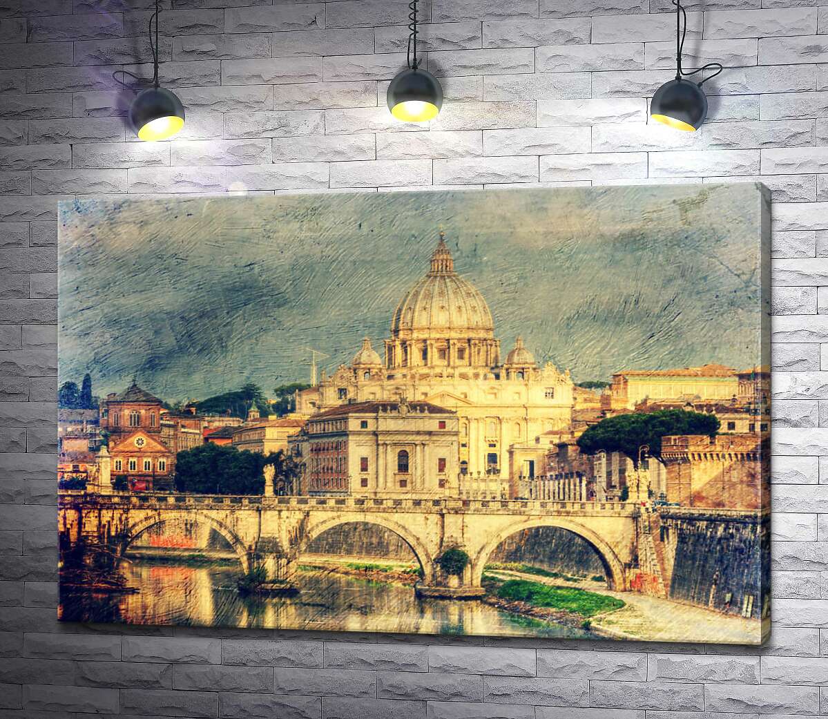 картина Вид на грандиозный собор Святого Петра (St. Peter's Cathedral) с изящного моста Святого Ангела (St. Angelo Bridge)