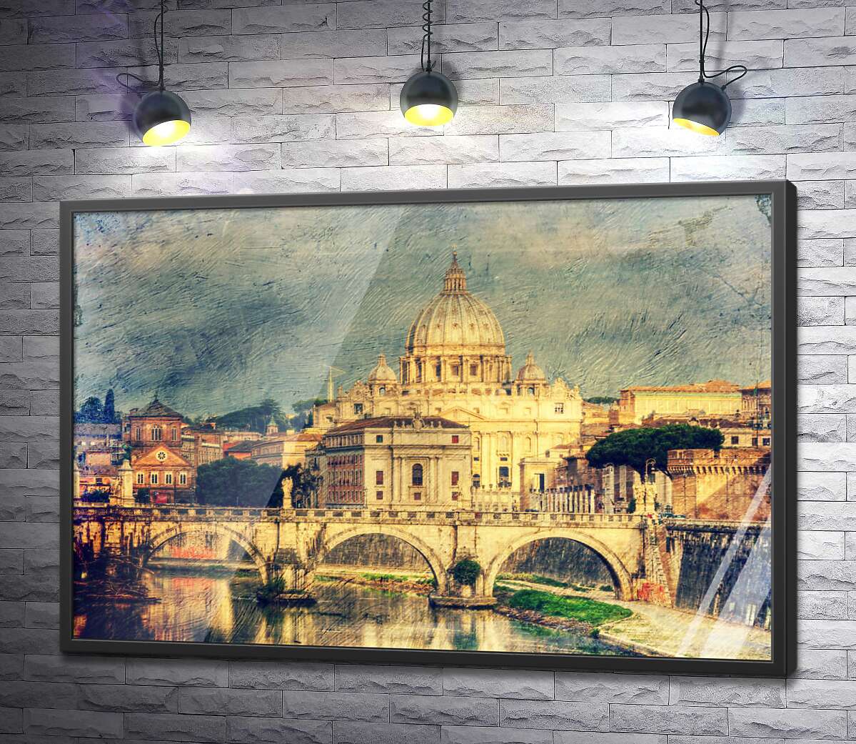 постер Вид на грандиозный собор Святого Петра (St. Peter's Cathedral) с изящного моста Святого Ангела (St. Angelo Bridge)