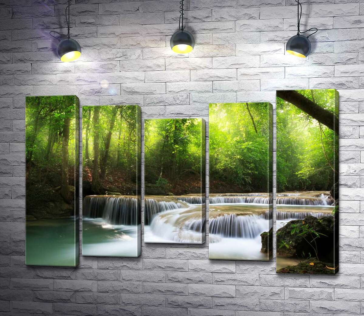 модульна картина Ідеальні завитки водоспадів у тіні салатових тонів лісу (Модуль №27)