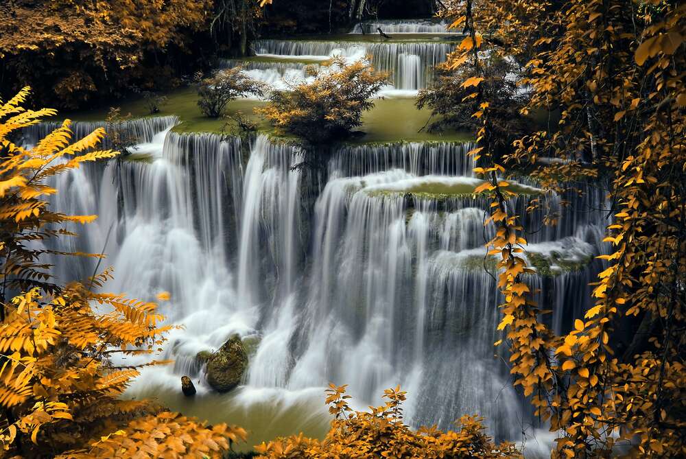 картина-постер Шумный водопад в обрамлении золота осеннего леса
