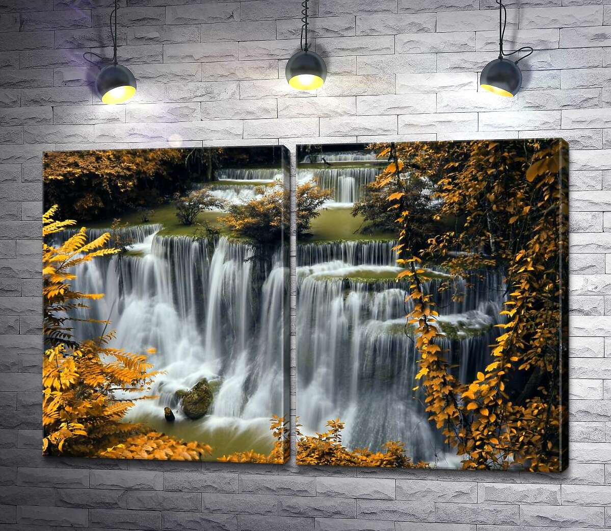 модульная картина Шумный водопад в обрамлении золота осеннего леса