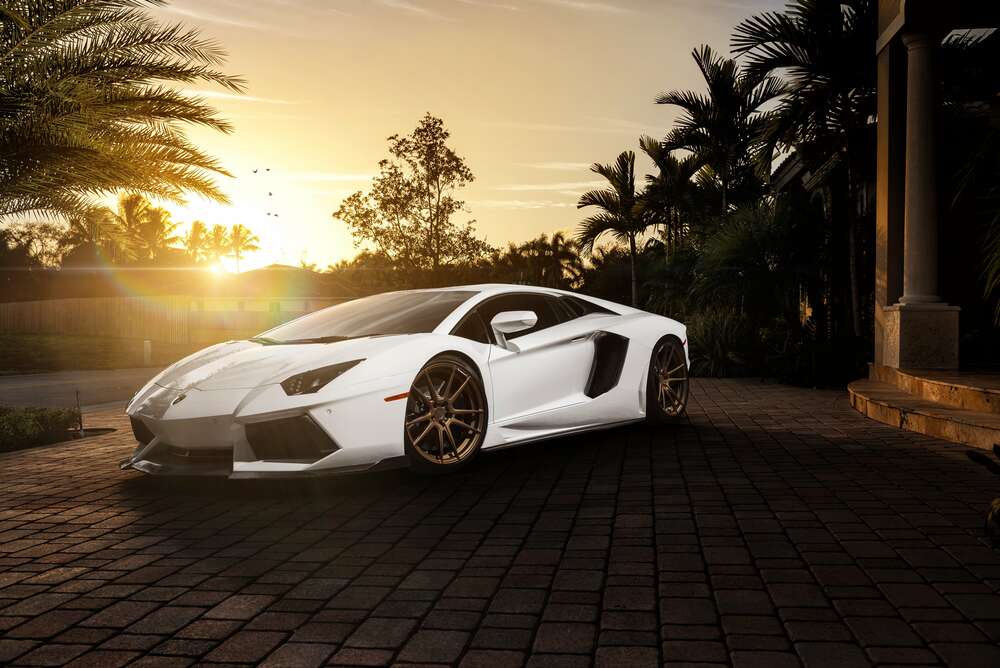 картина-постер Жемчужные переливы белого автомобиля Ламборгини (Lamborghini) в лучах заходящего солнца