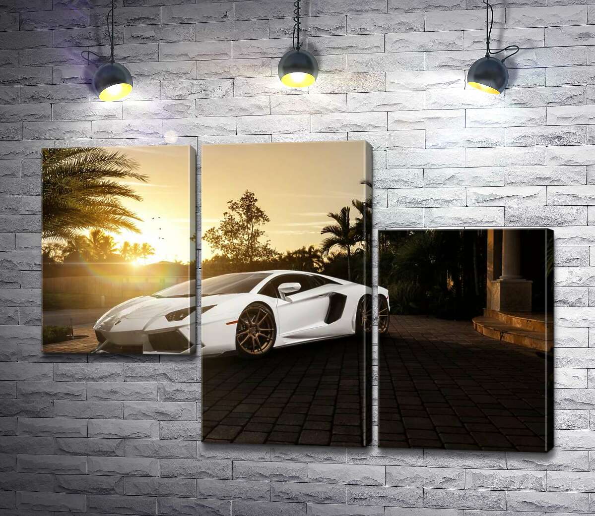 модульная картина Жемчужные переливы белого автомобиля Ламборгини (Lamborghini) в лучах заходящего солнца (Модуль №13)