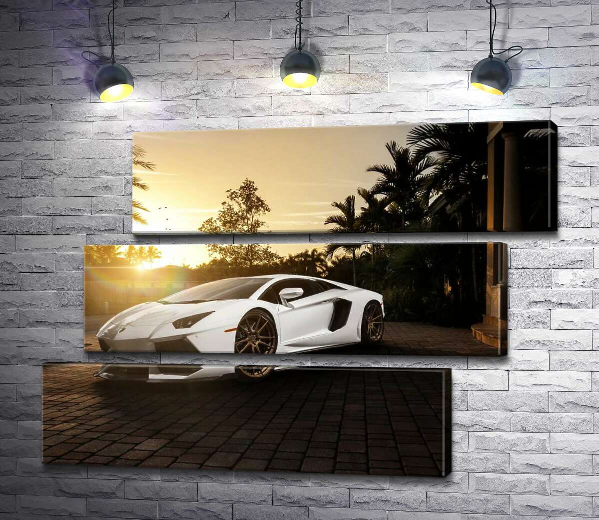 модульная картина Жемчужные переливы белого автомобиля Ламборгини (Lamborghini) в лучах заходящего солнца (Модуль №17)