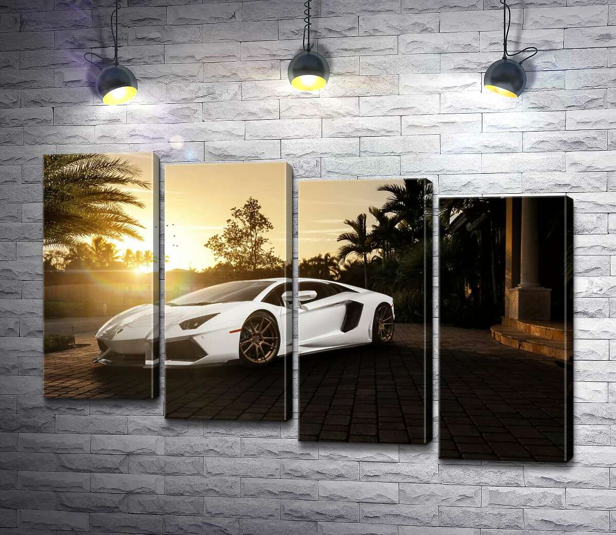 модульная картина Жемчужные переливы белого автомобиля Ламборгини (Lamborghini) в лучах заходящего солнца (Модуль №19)