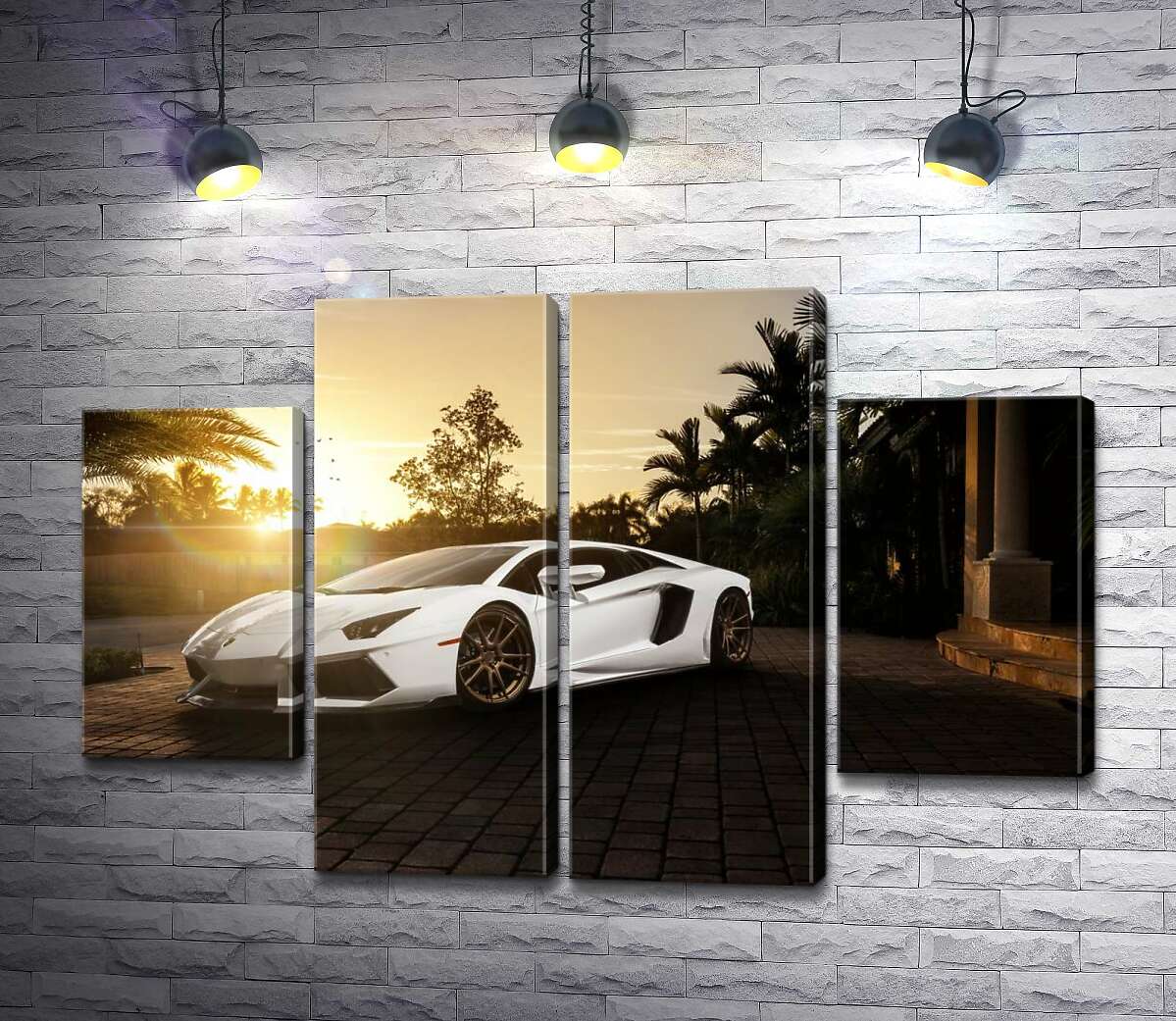 модульная картина Жемчужные переливы белого автомобиля Ламборгини (Lamborghini) в лучах заходящего солнца (Модуль №20)