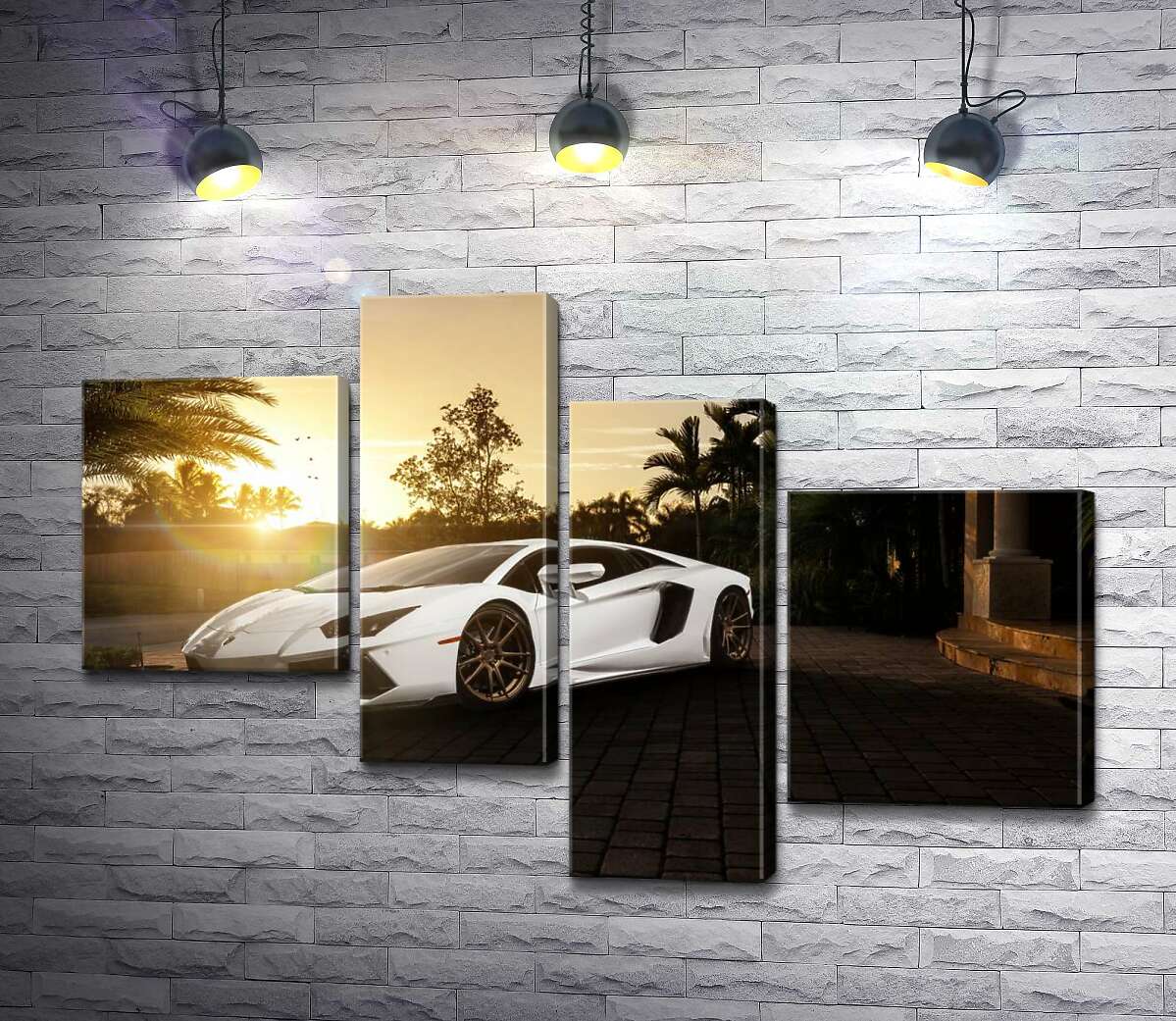модульная картина Жемчужные переливы белого автомобиля Ламборгини (Lamborghini) в лучах заходящего солнца (Модуль №21)