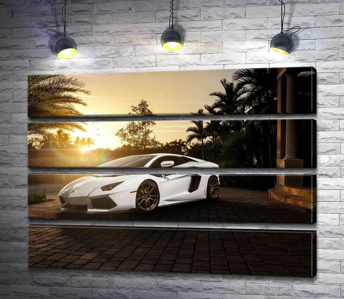 модульная картина Жемчужные переливы белого автомобиля Ламборгини (Lamborghini) в лучах заходящего солнца (Модуль №22)
