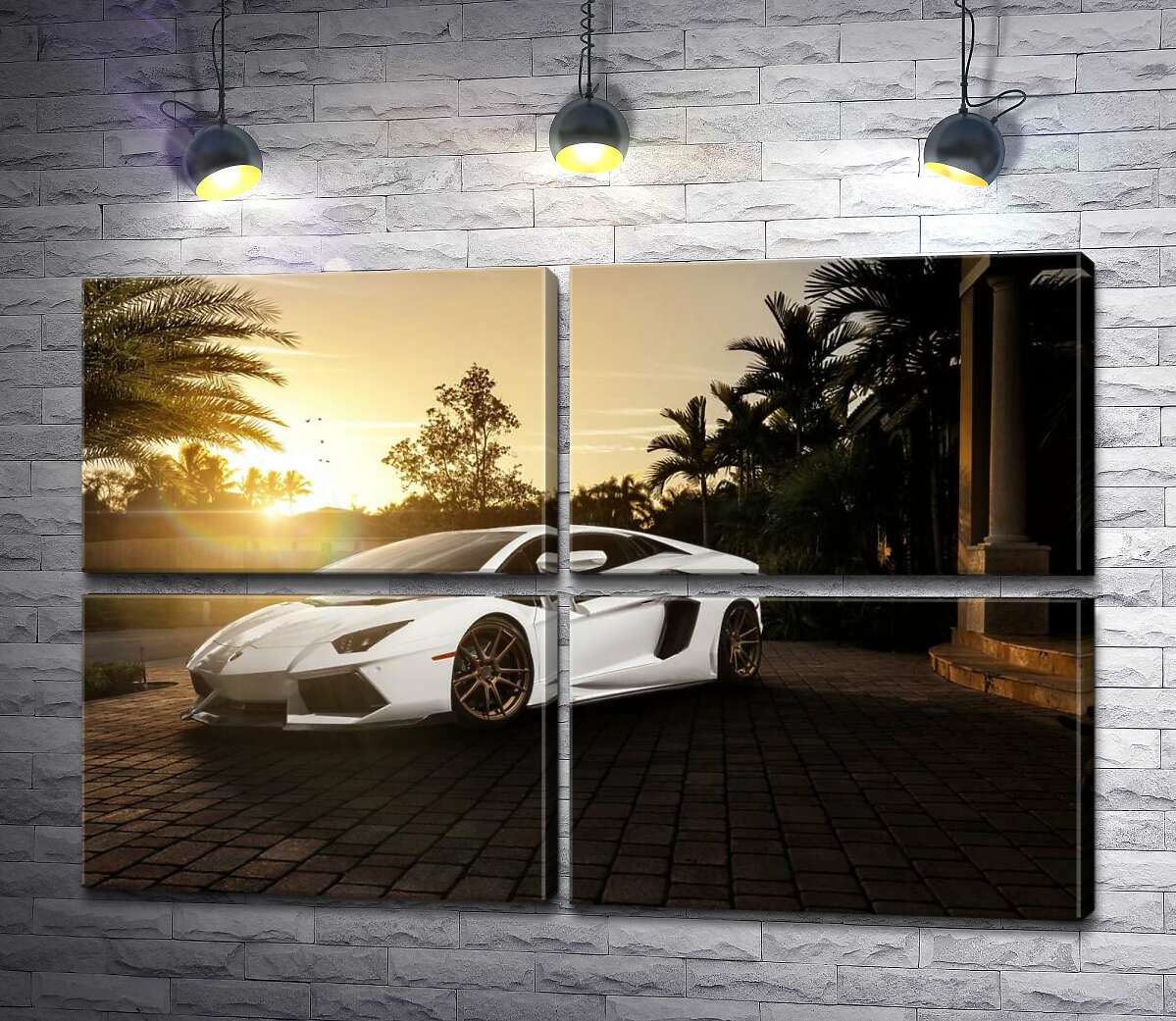 модульная картина Жемчужные переливы белого автомобиля Ламборгини (Lamborghini) в лучах заходящего солнца (Модуль №25)