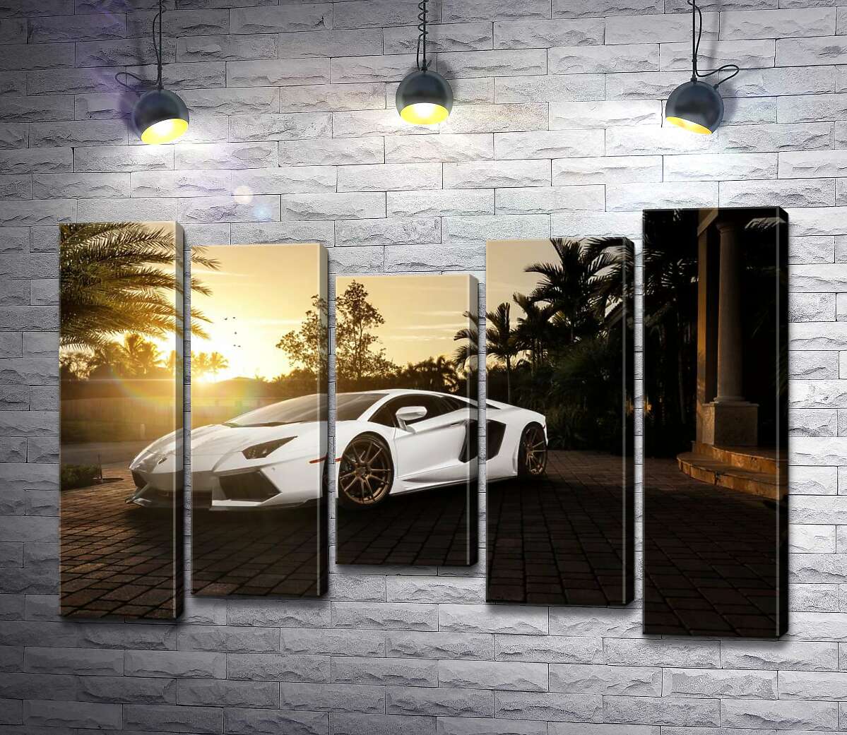 модульна картина Перлові переливи білого автомобіля Ламборгіні (Lamborghini) в промінні сонця, що заходить (Модуль №27)