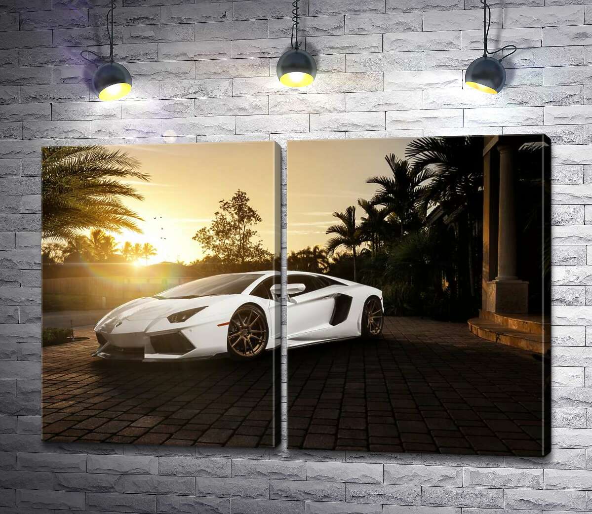 модульная картина Жемчужные переливы белого автомобиля Ламборгини (Lamborghini) в лучах заходящего солнца