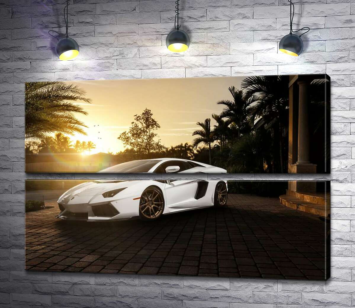 модульная картина Жемчужные переливы белого автомобиля Ламборгини (Lamborghini) в лучах заходящего солнца (Модуль №7)