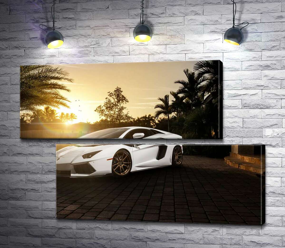 модульная картина Жемчужные переливы белого автомобиля Ламборгини (Lamborghini) в лучах заходящего солнца (Модуль №8)