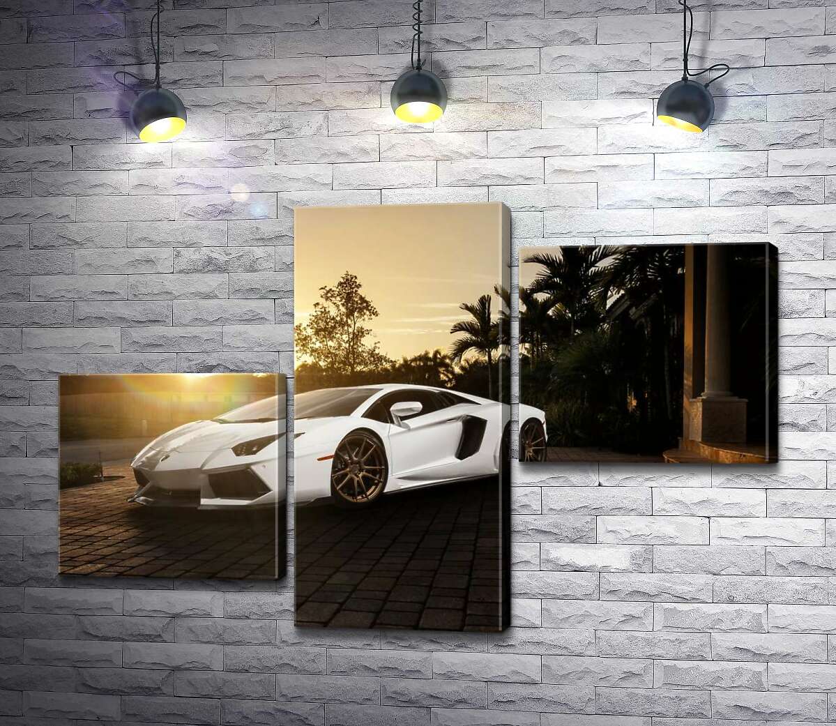 модульная картина Жемчужные переливы белого автомобиля Ламборгини (Lamborghini) в лучах заходящего солнца (Модуль №12)