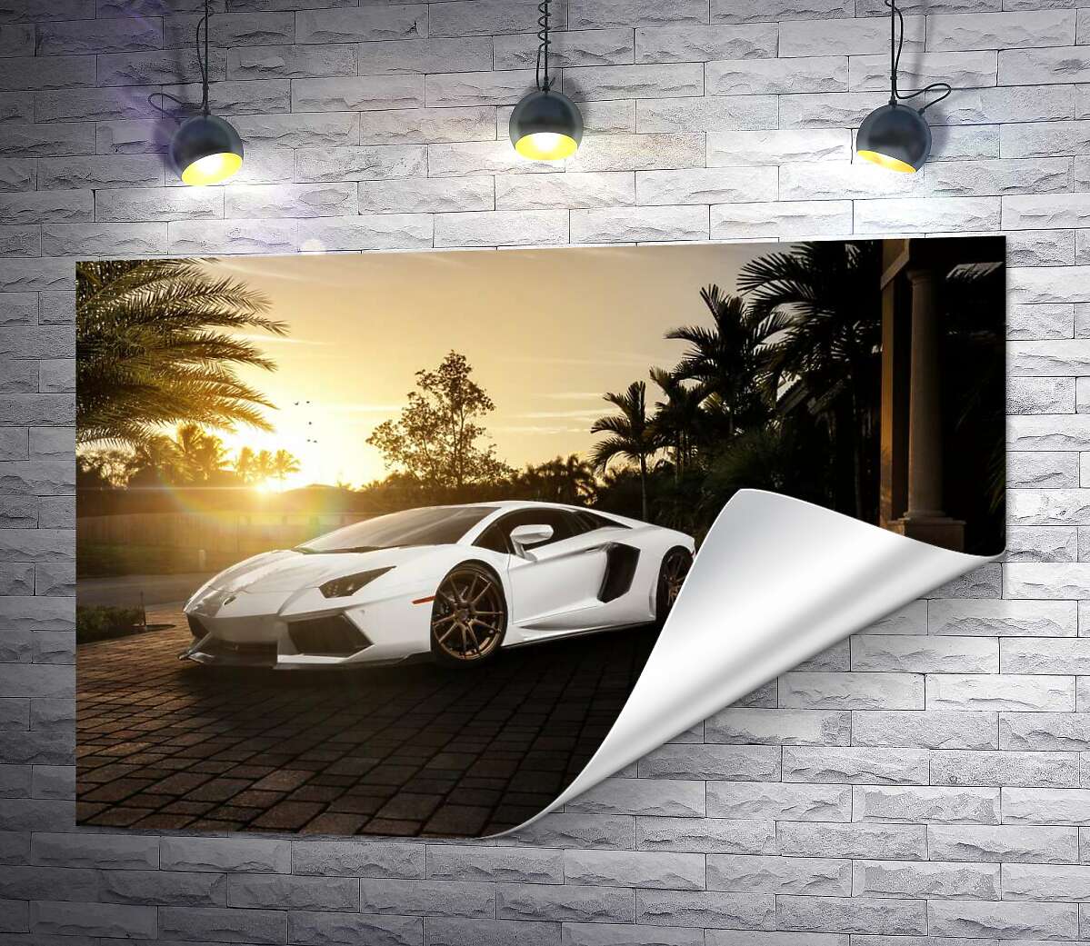 печать Жемчужные переливы белого автомобиля Ламборгини (Lamborghini) в лучах заходящего солнца