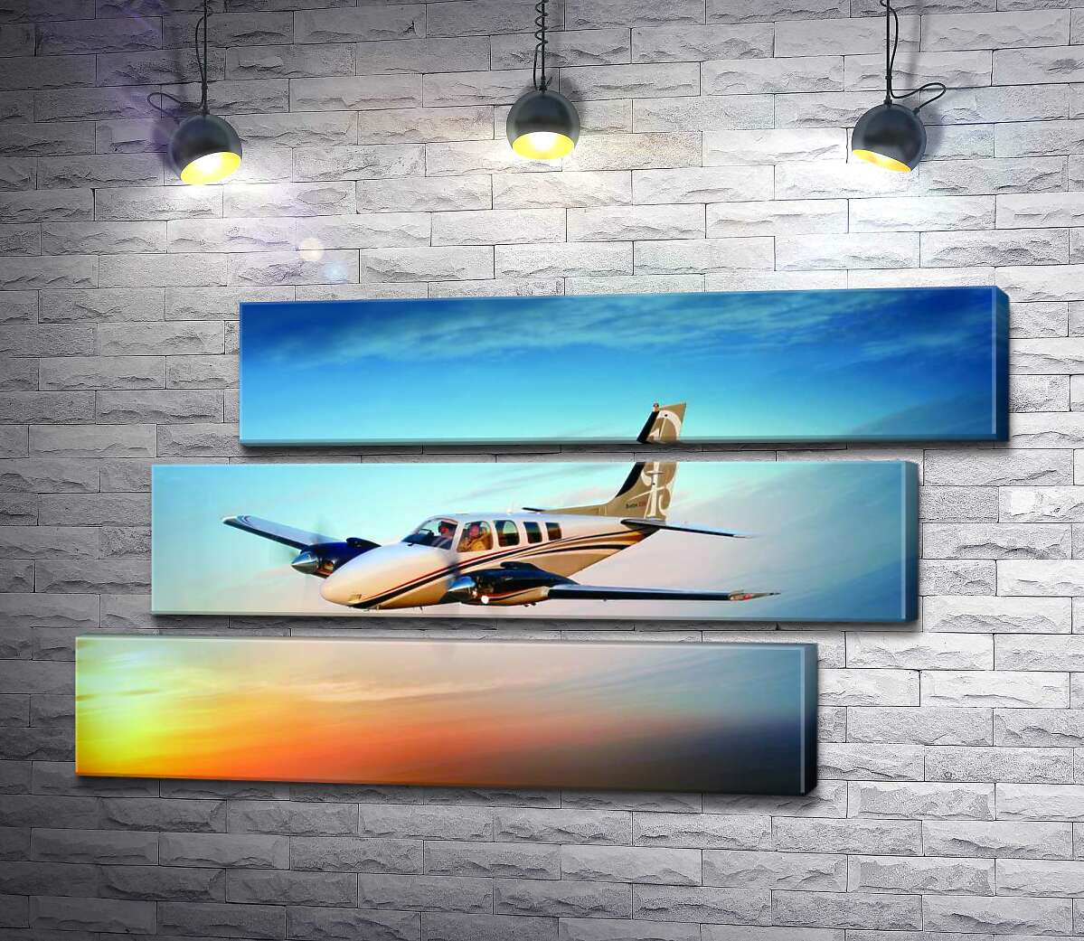 модульна картина Американський літак Beechcraft Bonanza серед палаючого заходу (Модуль №17)