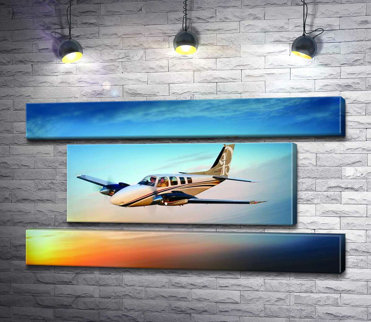 модульна картина Американський літак Beechcraft Bonanza серед палаючого заходу (Модуль №18)