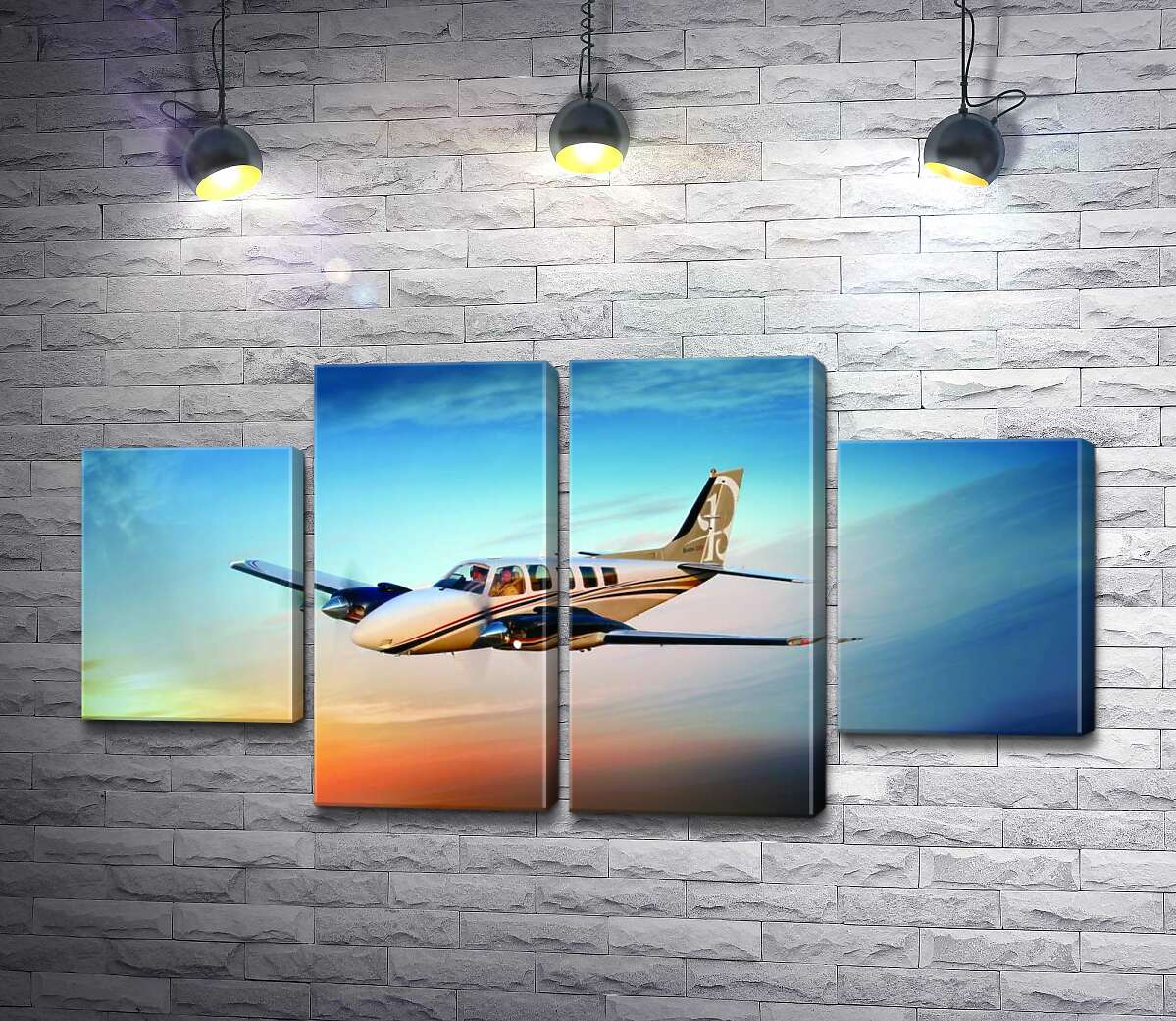 модульна картина Американський літак Beechcraft Bonanza серед палаючого заходу (Модуль №20)