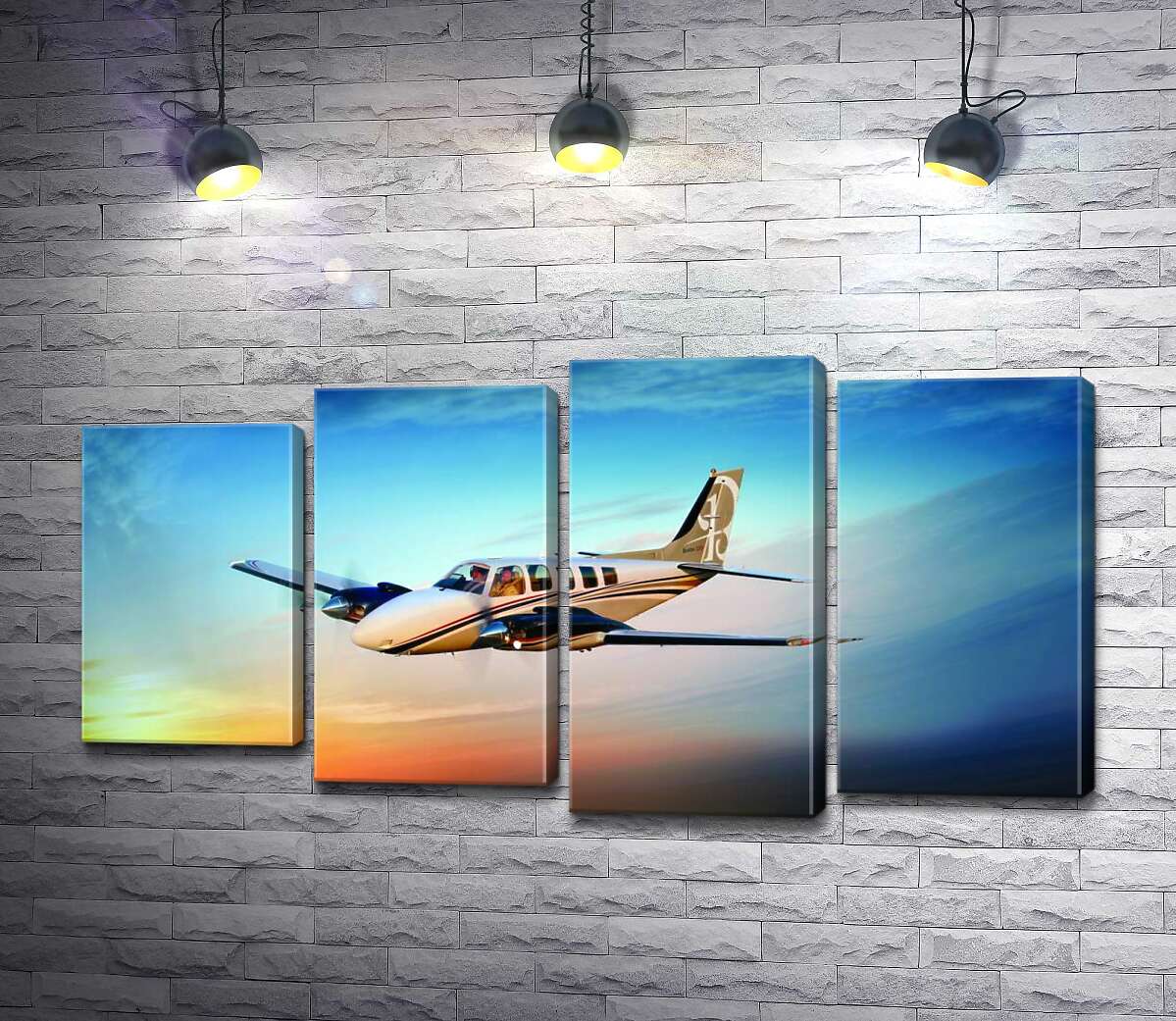 модульная картина Американский самолет Beechcraft Bonanza среди горящего запада (Модуль №3)